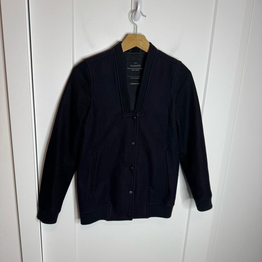 All Saints Italian Cloth 100% Wool Bomber Jacket Navy Black Size 2